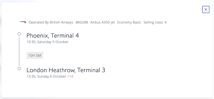 British Airways itinerary showing "K" booking class.
